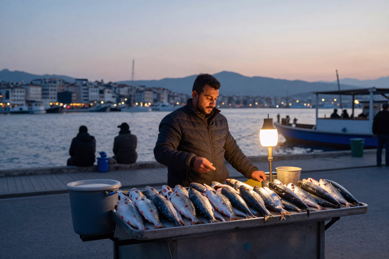 Pre-Dawn Izmir Street Food Vendor Selling Fresh Fish and Chips in Traditional Newspaper in in Izmir, Turkey