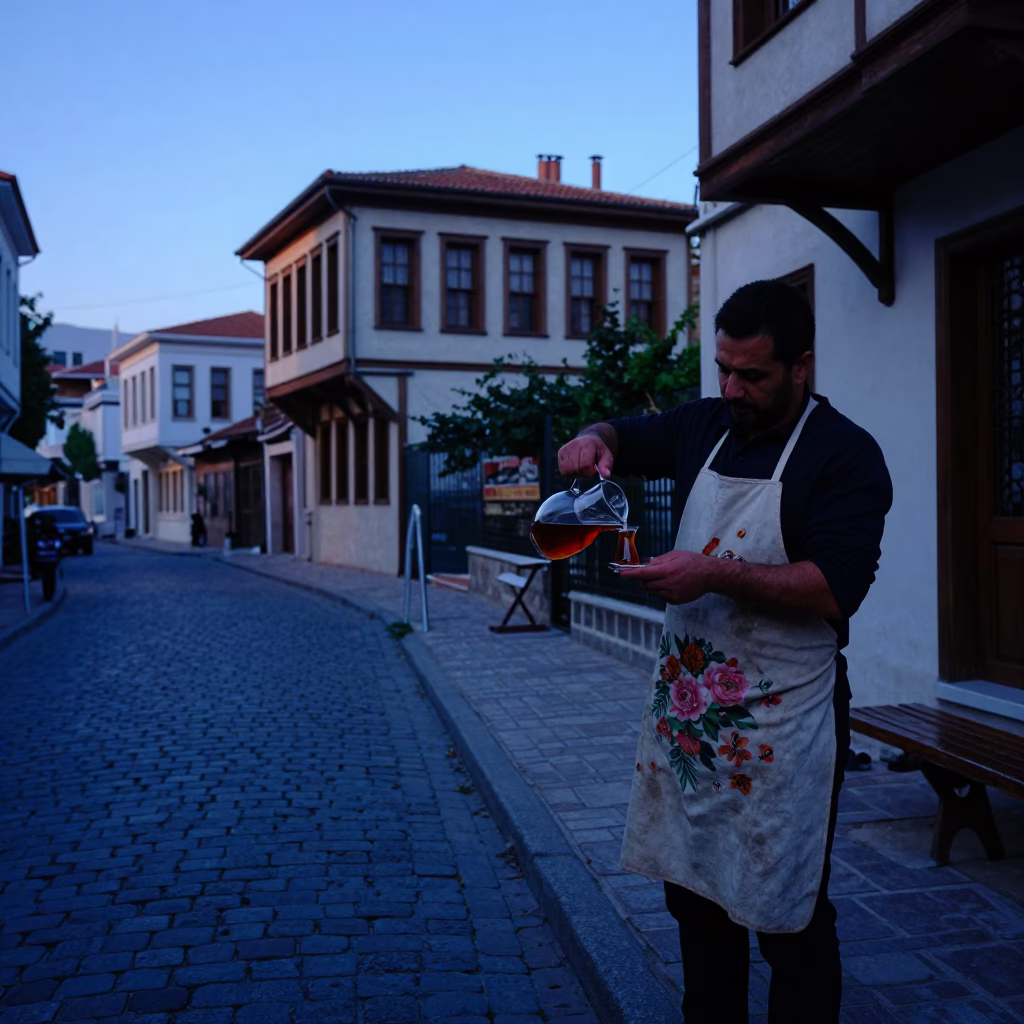 Pre-dawn Izmir street scene with carafe and apron near Konak Square in in Izmir, Turkey