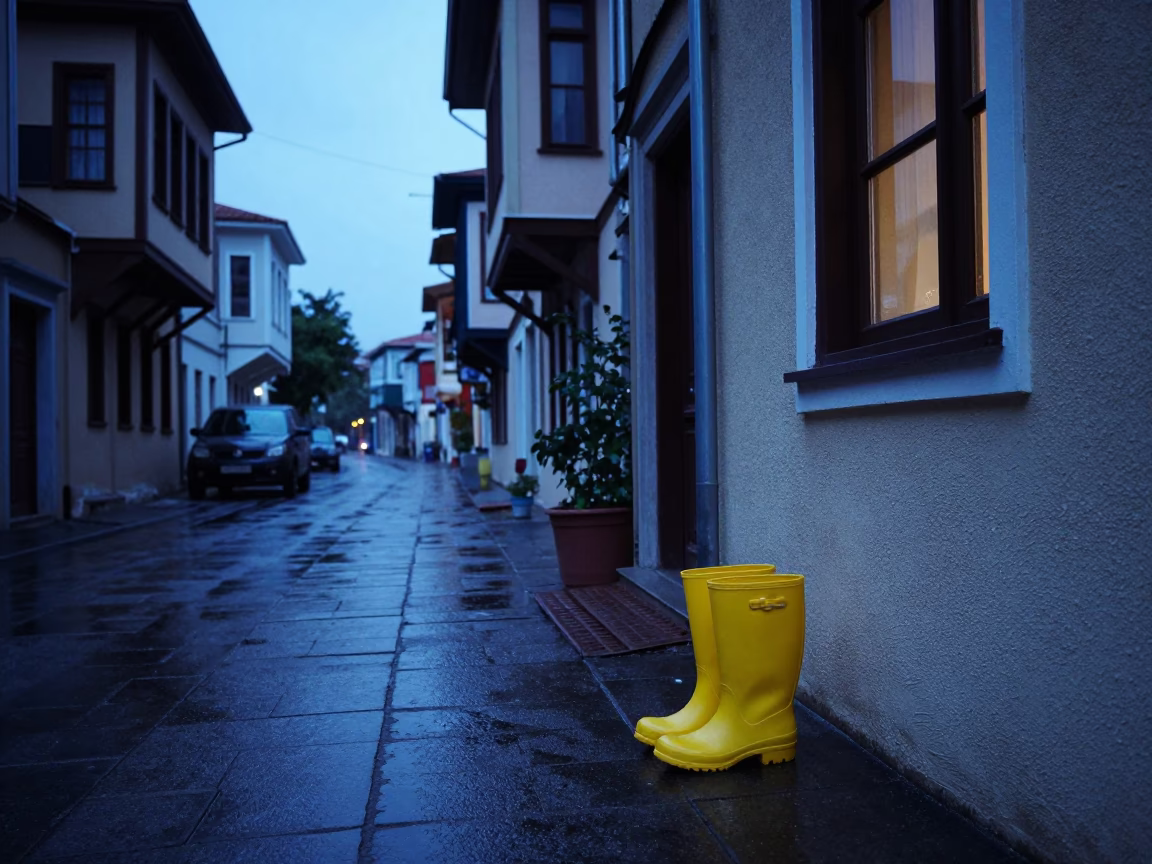 Pre-dawn Izmir Street Scene with Rain Boots and Window Boxes at Dawn in in Izmir, Turkey