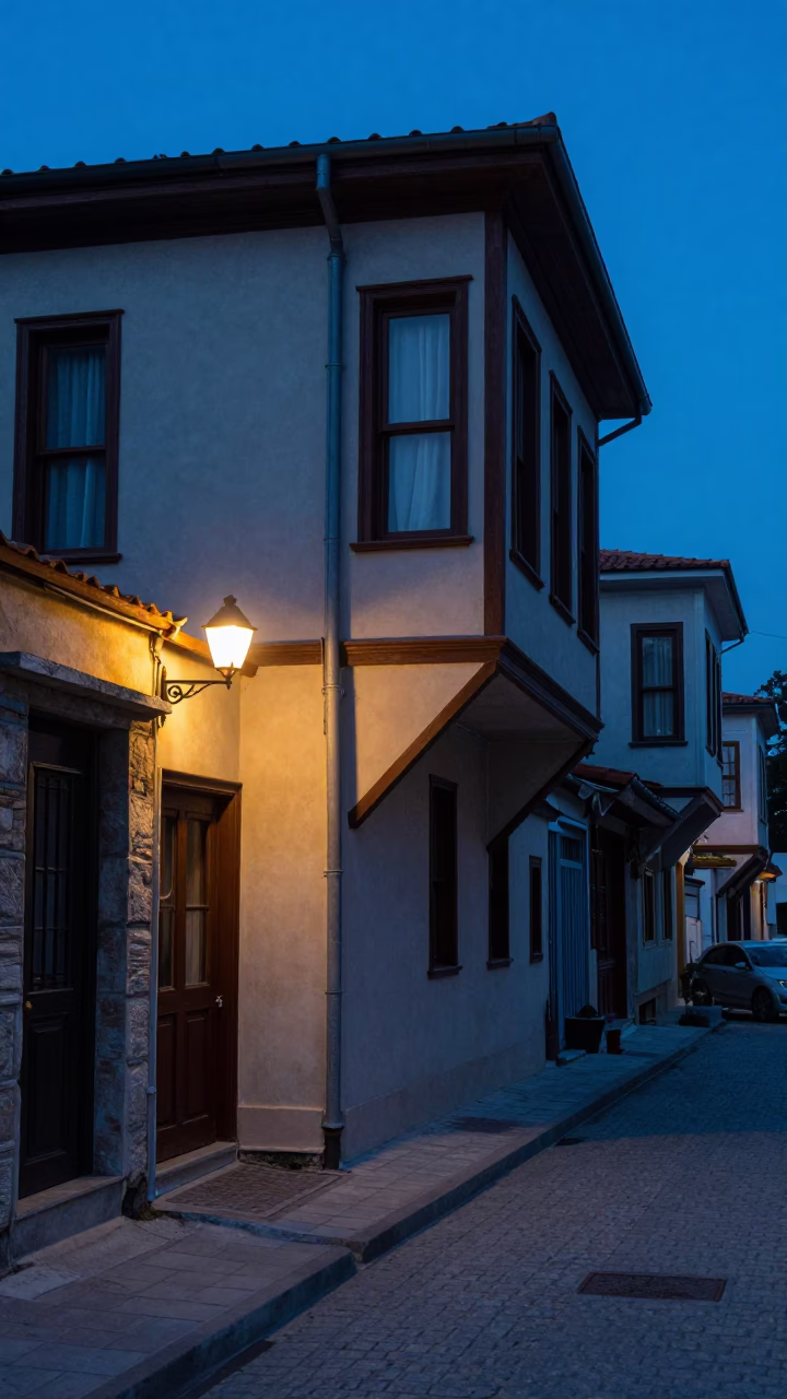 Pre-dawn Izmir Turkey street scene with window curtains and lampshade in in Izmir, Turkey