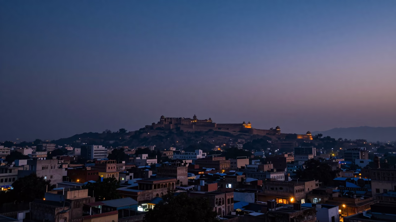 Pre-dawn Jaipur Cityscape with Hazy Horizon and Early Morning Street Life in in Jaipur, India