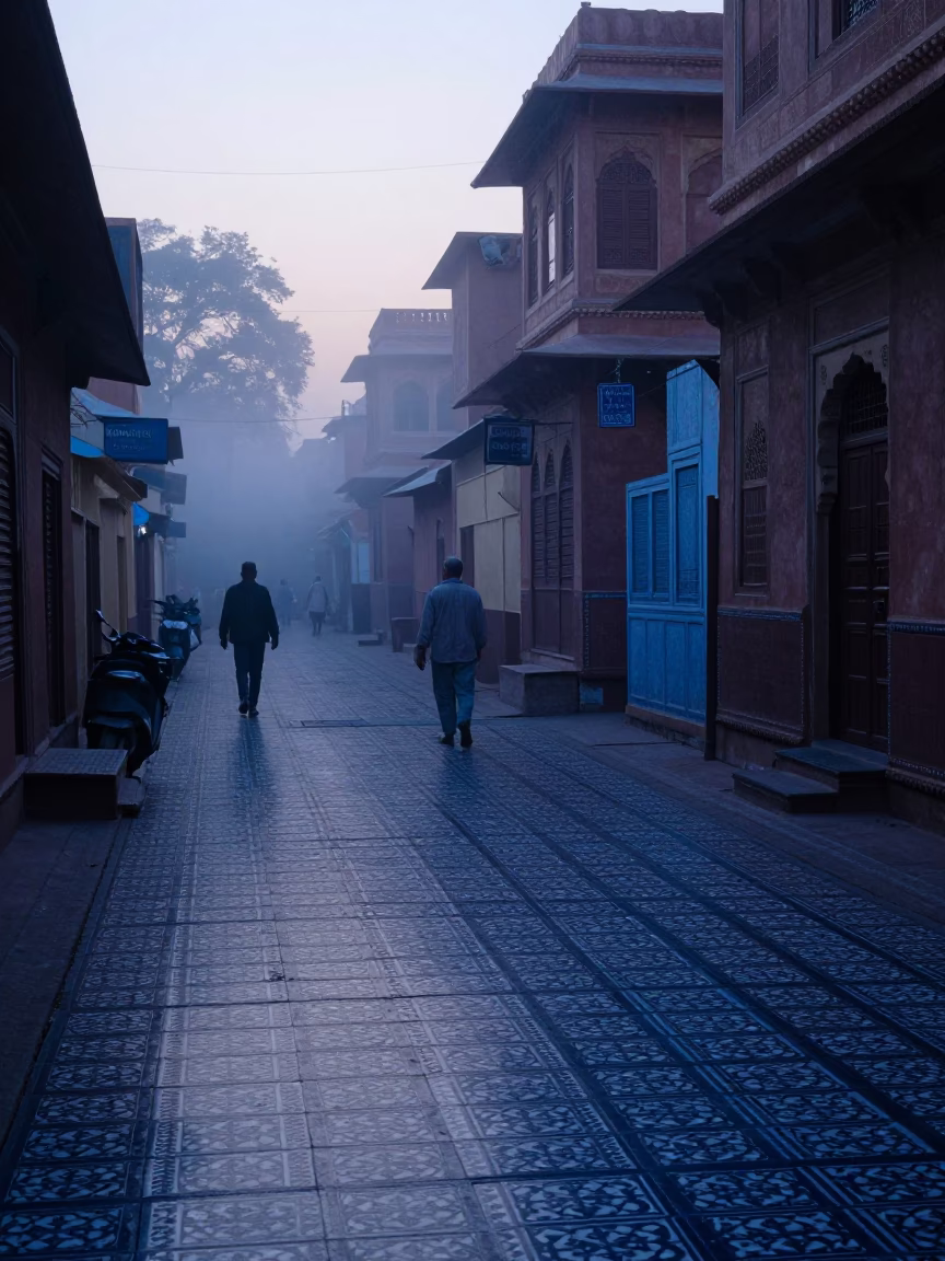 Pre-dawn Jaipur street scene with ceramic tiles and misty atmosphere in in Jaipur, India