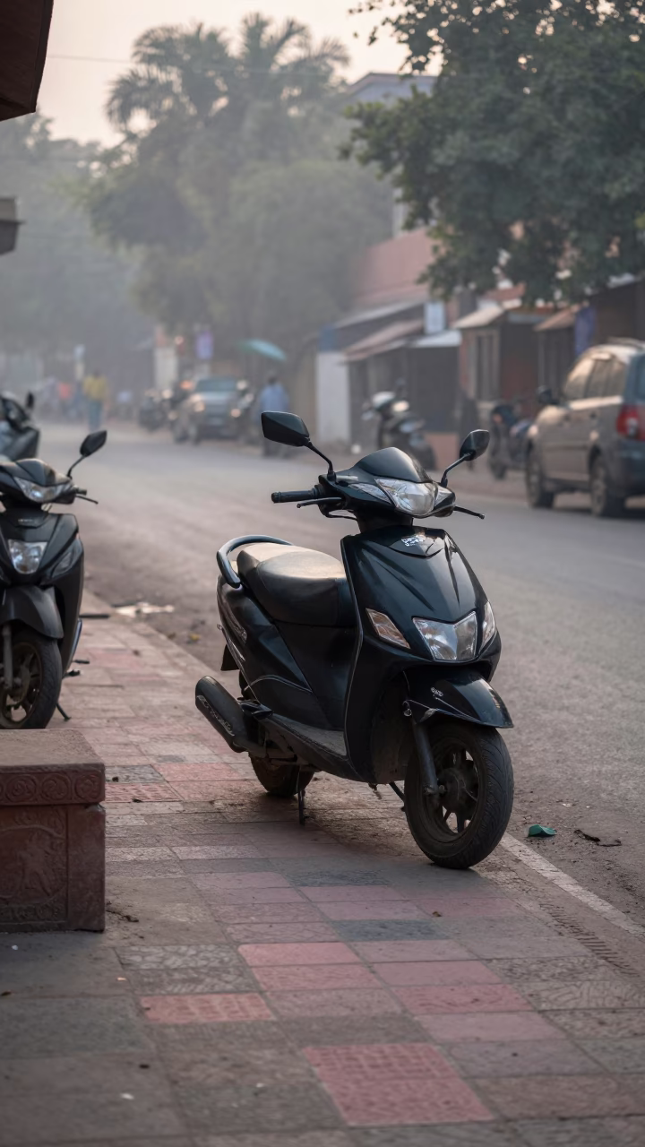 Pre-dawn Jaipur street scene with parked scooter and morning light in in Jaipur, India