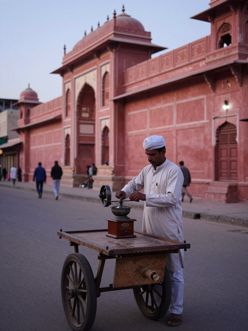 Pre-dawn Jaipur Street Scene with Vintage Coffee Grinder and Morning Routine in in Jaipur, India