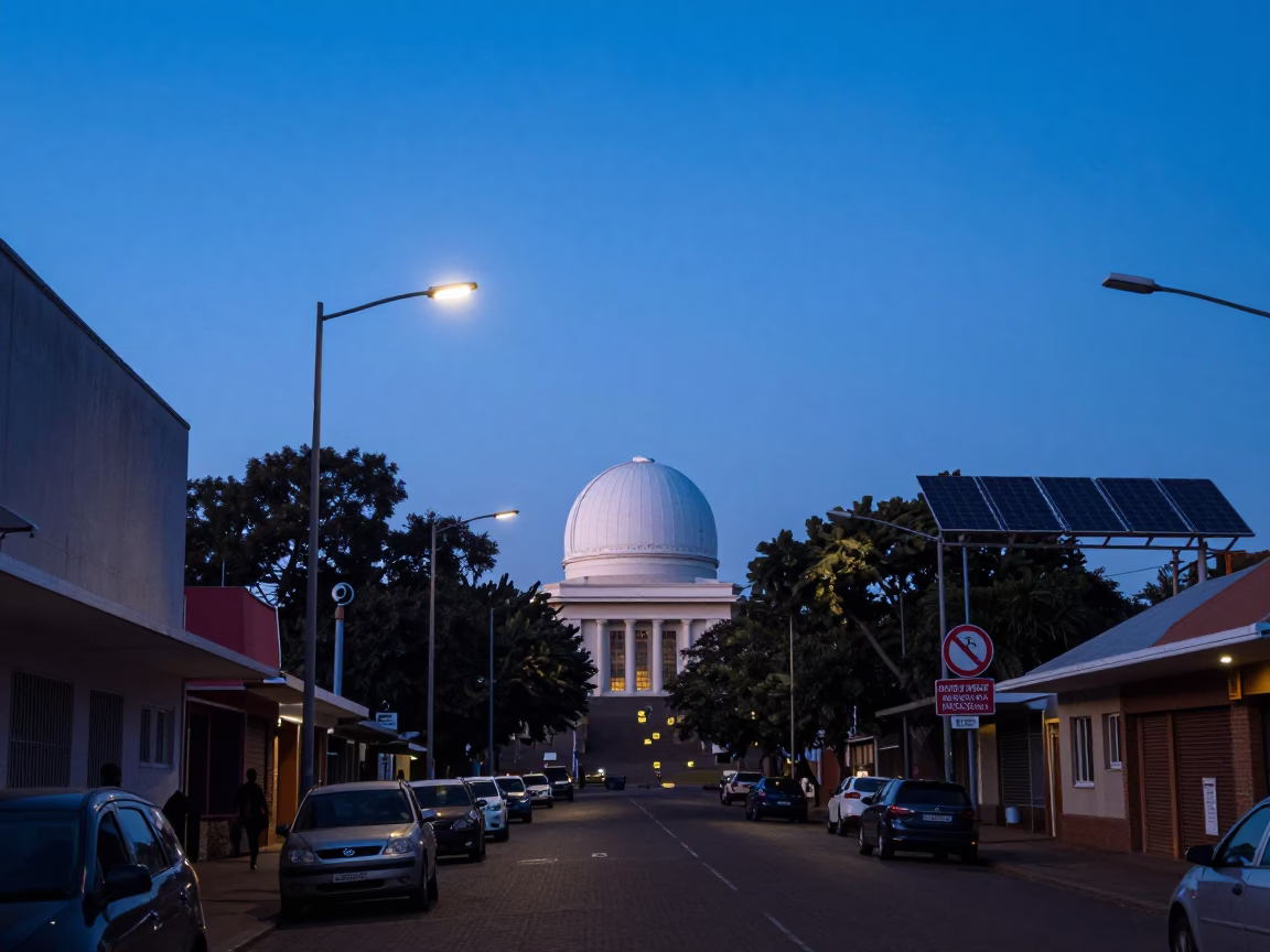 Pre-dawn Johannesburg Street Scene with Observatory Dome and Solar Array Under Starlight in in Johannesburg, South Africa