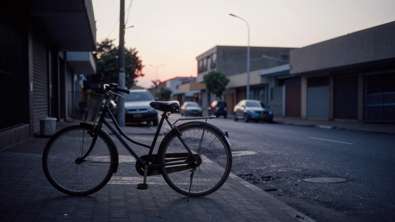 Pre-dawn Johannesburg street scene with parked bicycle and empty pavement in in Johannesburg, South Africa
