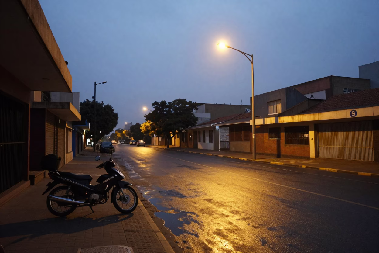 Pre-dawn Johannesburg street scene with parked motorcycle and streetlights before dawn in in Johannesburg, South Africa
