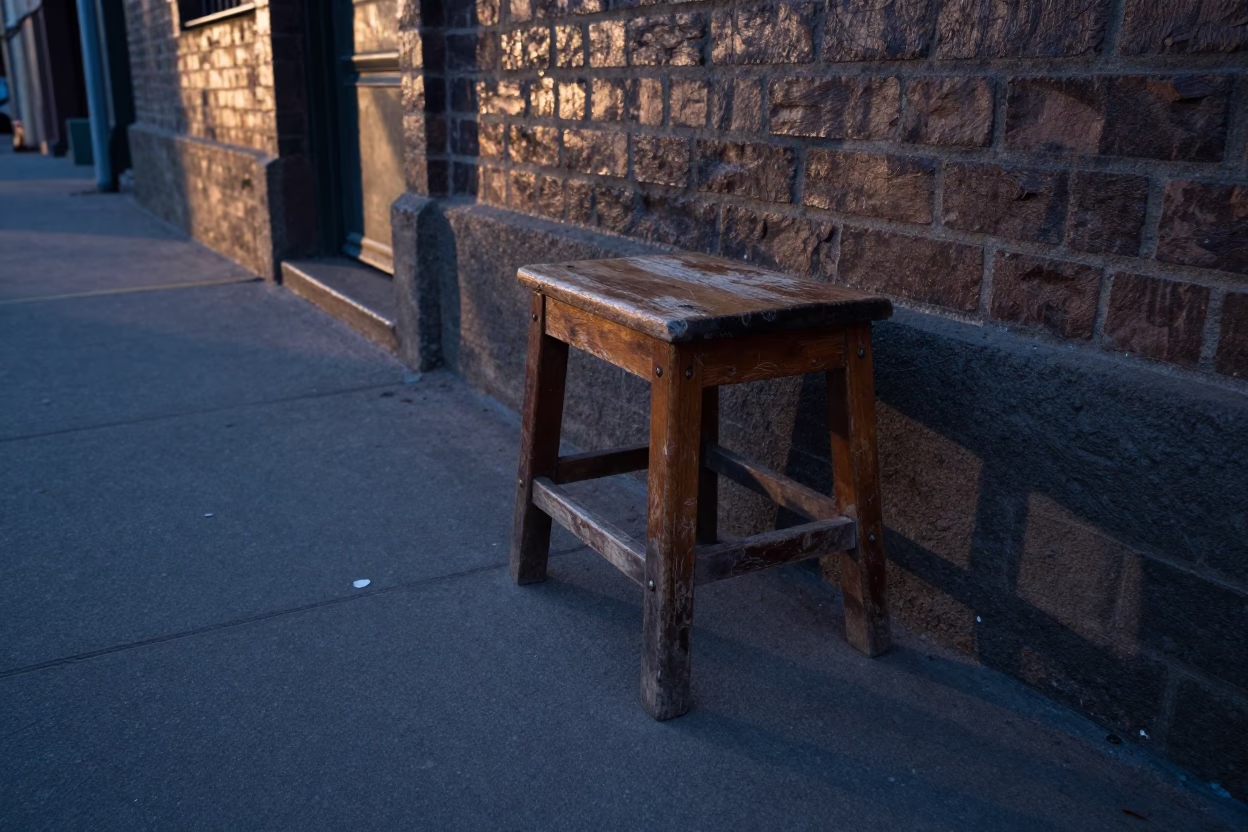 Pre-dawn Johannesburg street scene with worn stool leg scratches and urban architecture in in Johannesburg, South Africa