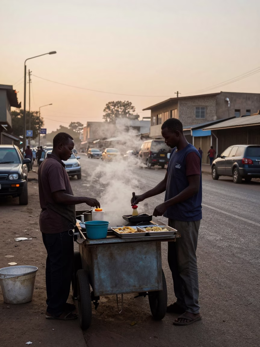 Pre-dawn Johannesburg Street Stall with Shaving Brush and Steam Haze in South Africa in in Johannesburg, South Africa