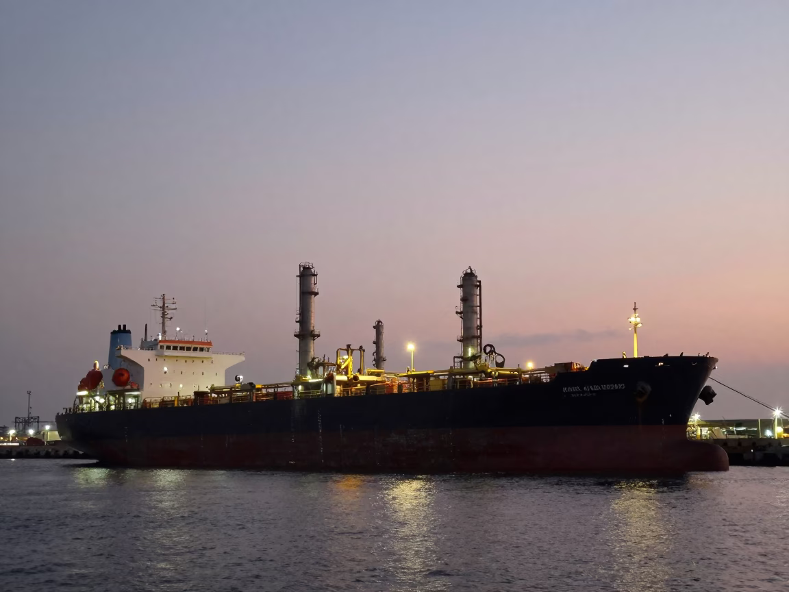 Pre-dawn Kaohsiung harbor tanker ship docked at industrial refinery with misty sky in in Kaohsiung, Taiwan