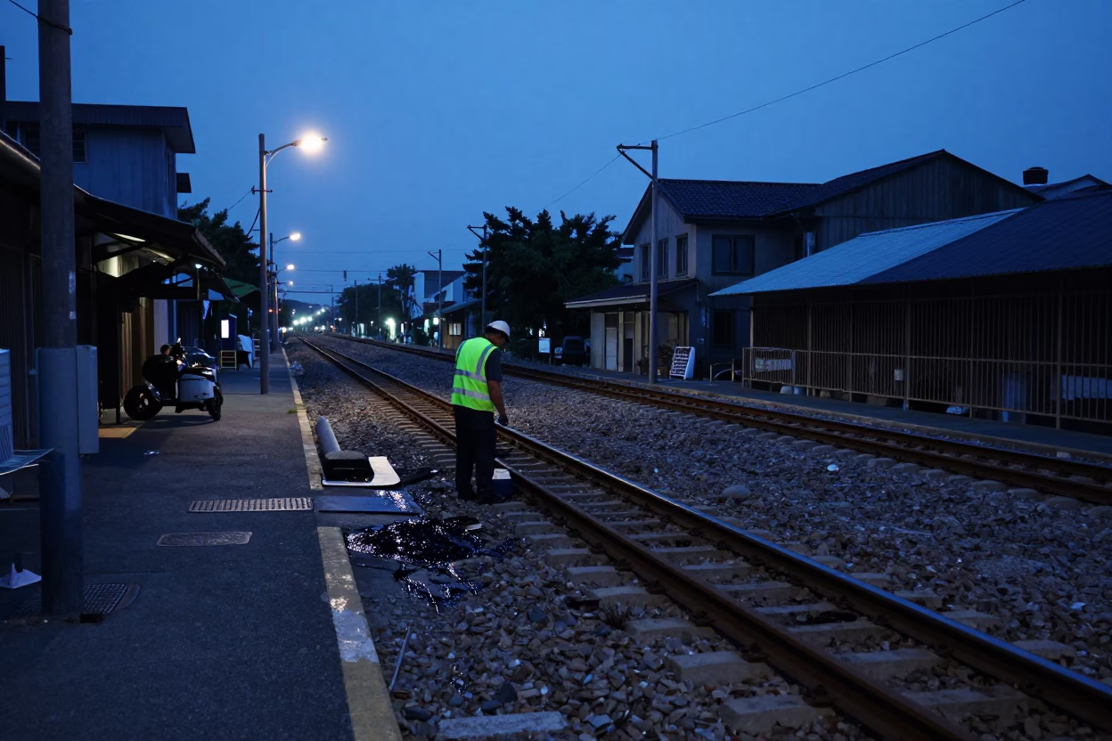 Pre-dawn Kaohsiung street scene with grease sheen on railway tracks in in Kaohsiung, Taiwan