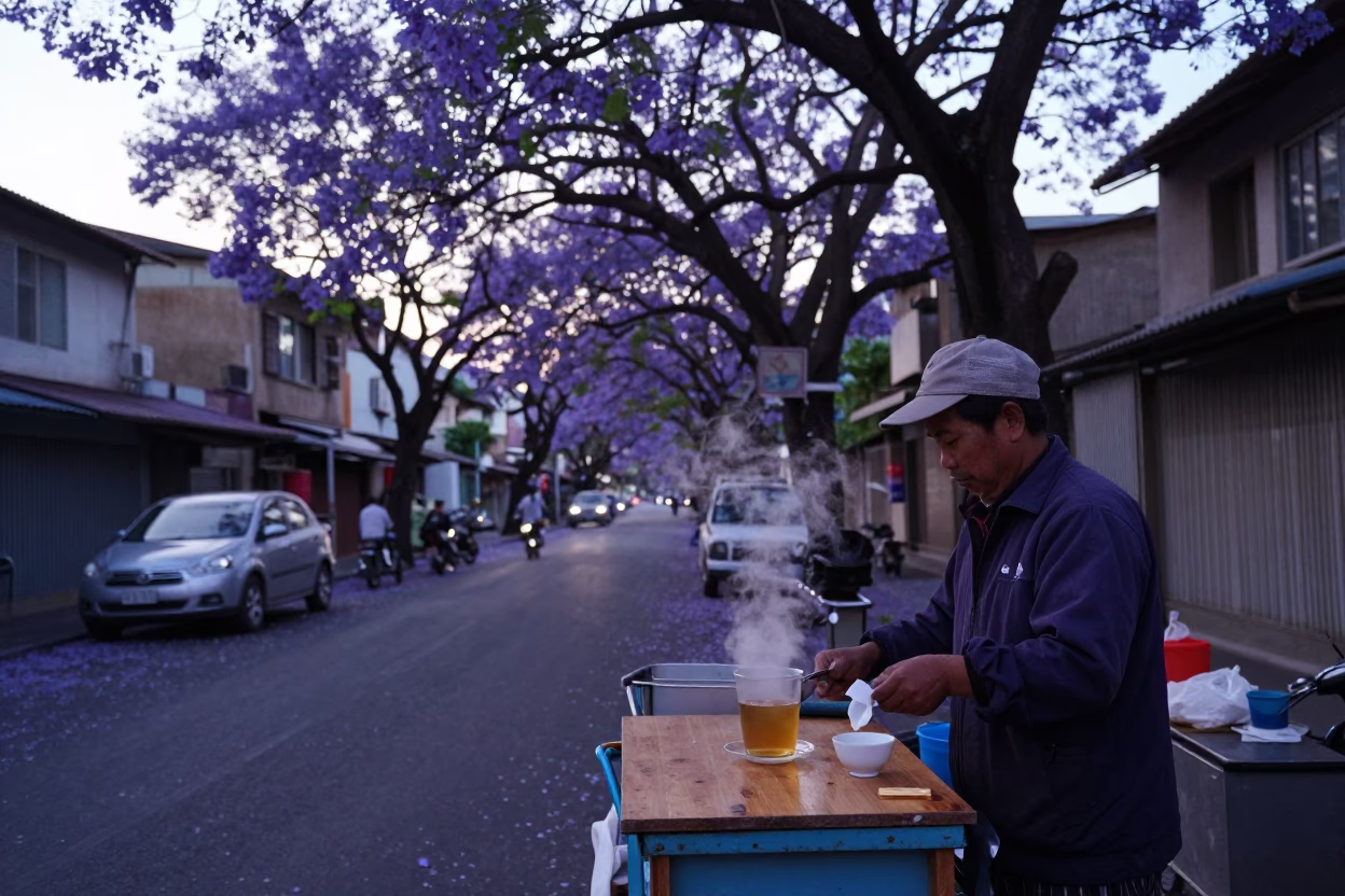 Pre-dawn Kaohsiung street scene with purple jacaranda blooms and early morning tea vendor in in Kaohsiung, Taiwan