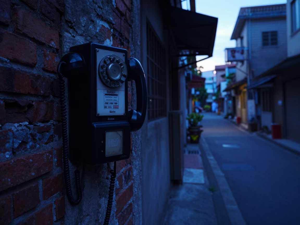 Pre-dawn Kaohsiung street scene with vintage Bakelite telephone and cooking pot in in Kaohsiung, Taiwan