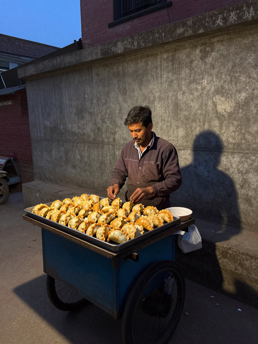 Pre-dawn Kathmandu street food vendor preparing empanadas near concrete viaduct in in Kathmandu, Nepal