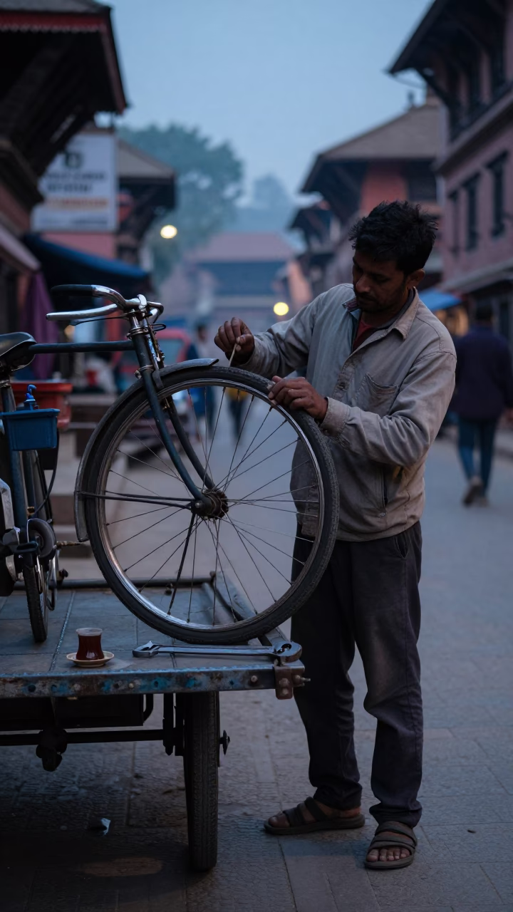 Pre-dawn Kathmandu Street Scene with Adjustable Spanner and Tea Tray in in Kathmandu, Nepal