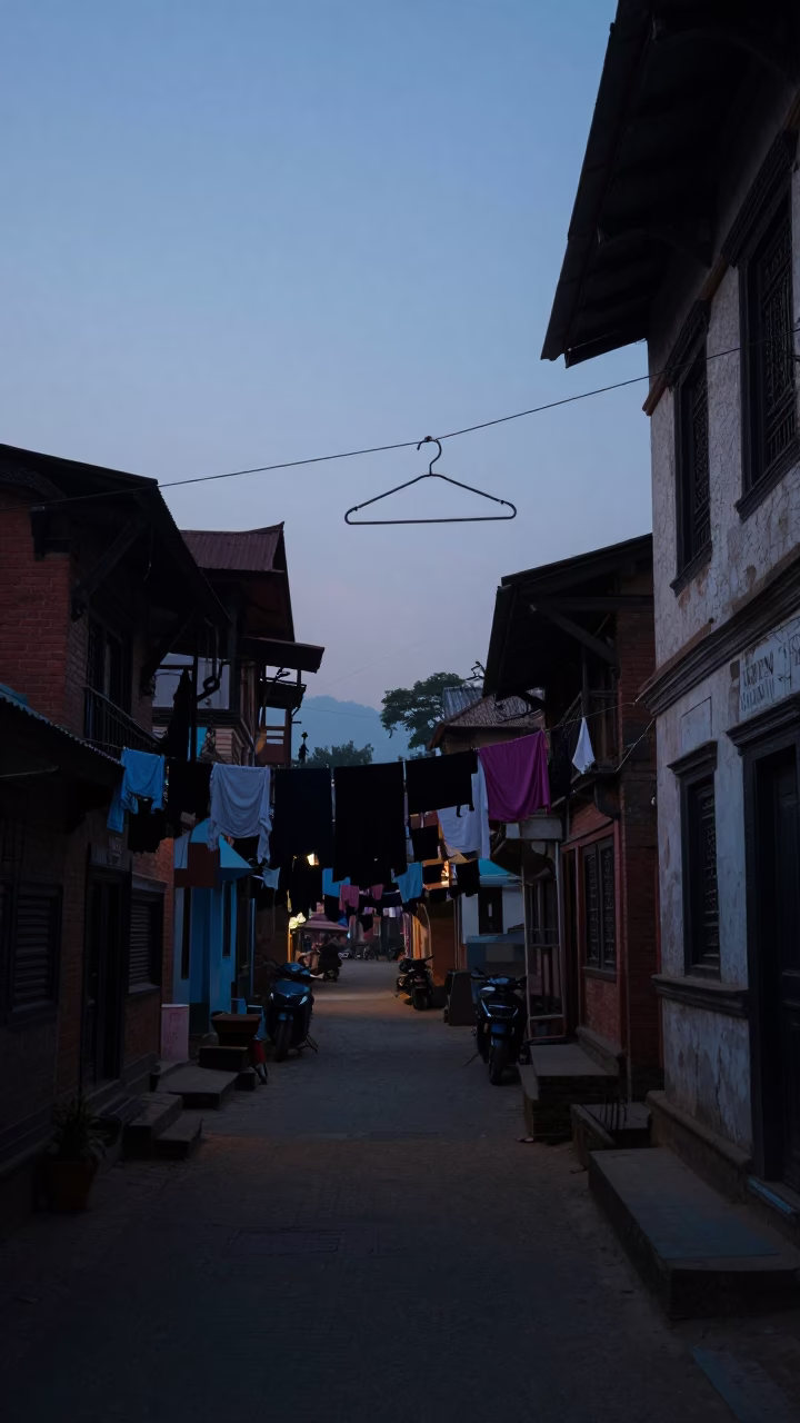 Pre-dawn Kathmandu street scene with hanging laundry and local morning routine in in Kathmandu, Nepal