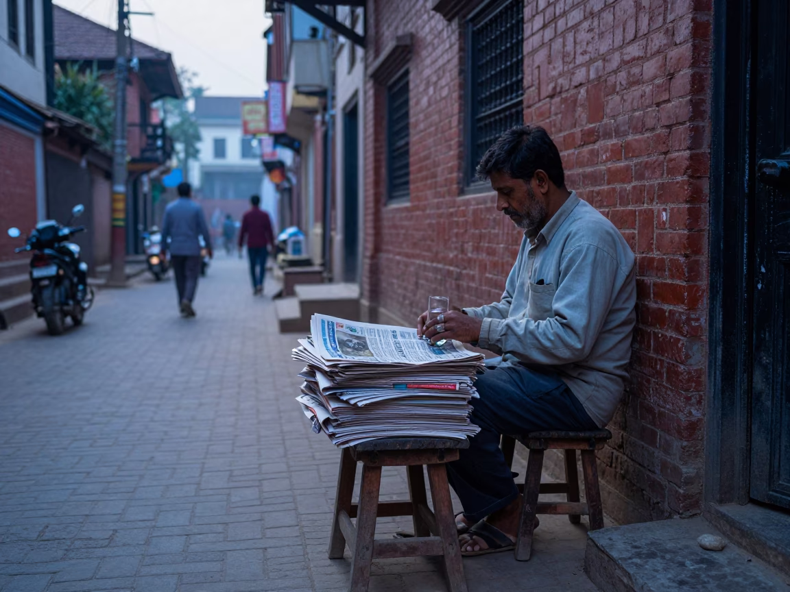 Pre-Dawn Kathmandu Street Scene with Newspaper Stack and Glass Tumblers in in Kathmandu, Nepal