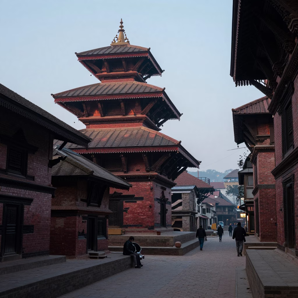 Pre-dawn Kathmandu street scene with traditional architecture and morning light in in Kathmandu, Nepal