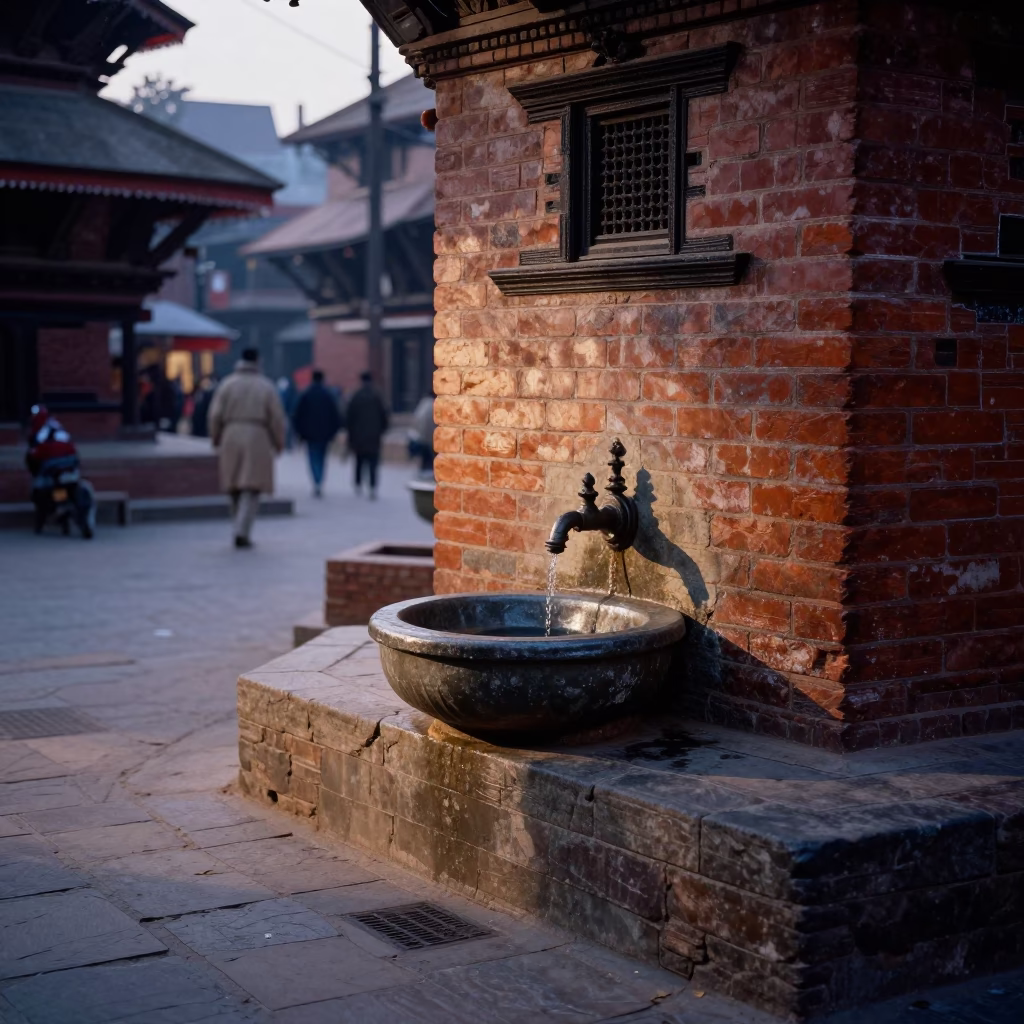 Pre-dawn Kathmandu street scene with traditional wash basin and narrowboat prop in in Kathmandu, Nepal