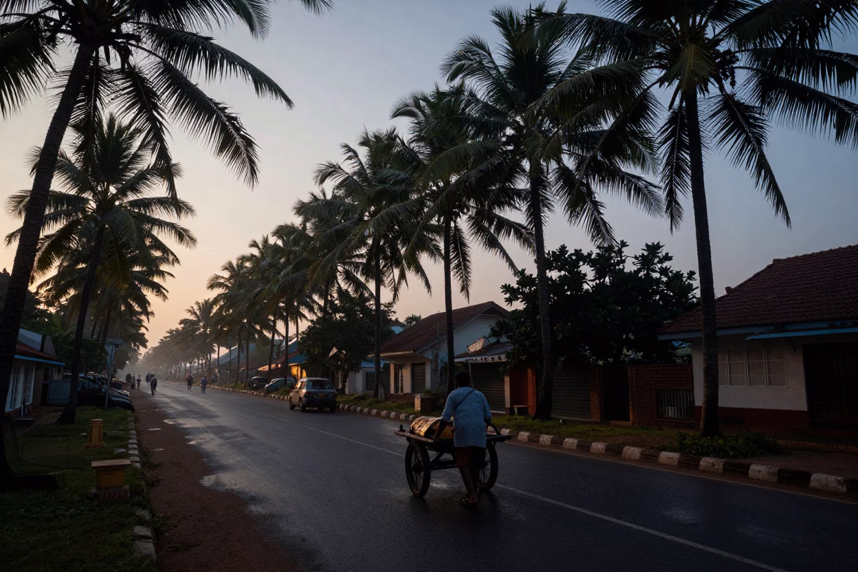 Pre-Dawn Kerala Street Scene with Palm Trees and Local Morning Activity in in Kochi, India