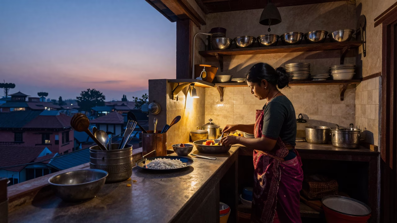 Pre-dawn kitchen activity in Kathmandu Nepal with utensil crocks and drying rack in in Kathmandu, Nepal