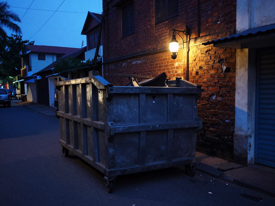 Pre-dawn Kochi India street scene with demolition dumpster and lantern light in in Kochi, India