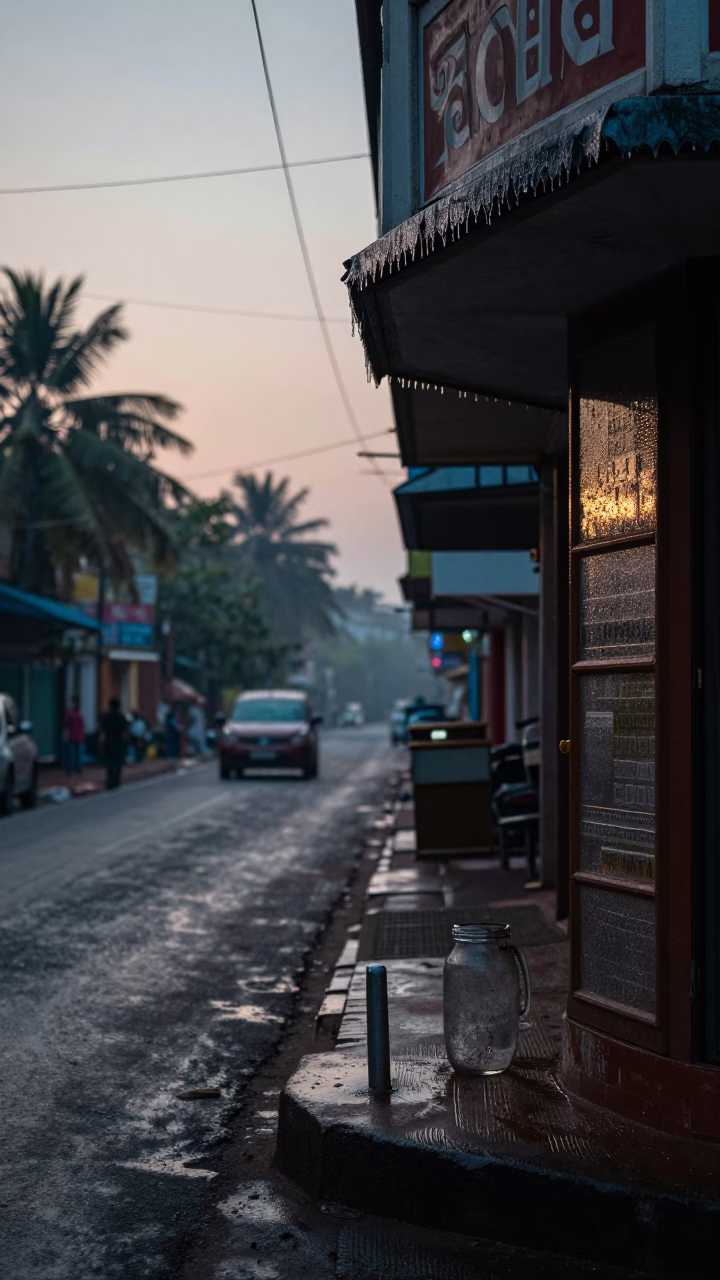 Pre-Dawn Kochi Street Scene with Condensation and Cooler Jug in in Kochi, India