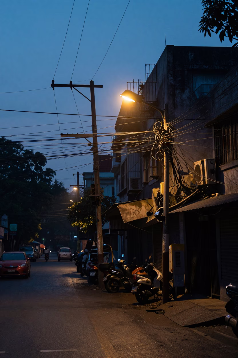 Pre-dawn Kolkata street scene with electric wires and early morning activity in in Kolkata, India