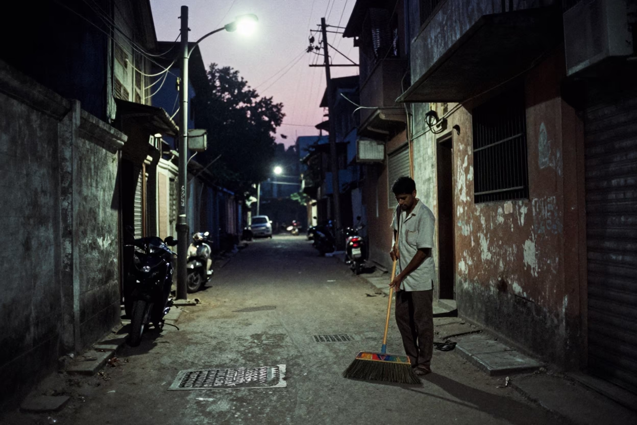 Pre-Dawn Kolkata Street Scene with Hand Broom and Concrete Architecture in in Kolkata, India