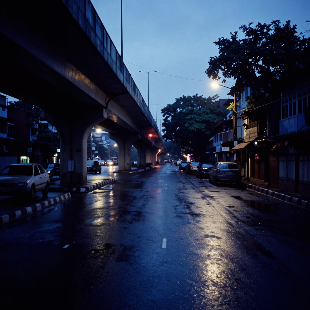 Pre-dawn Kolkata street scene with pedestrian overpass and wet footsteps in in Kolkata, India