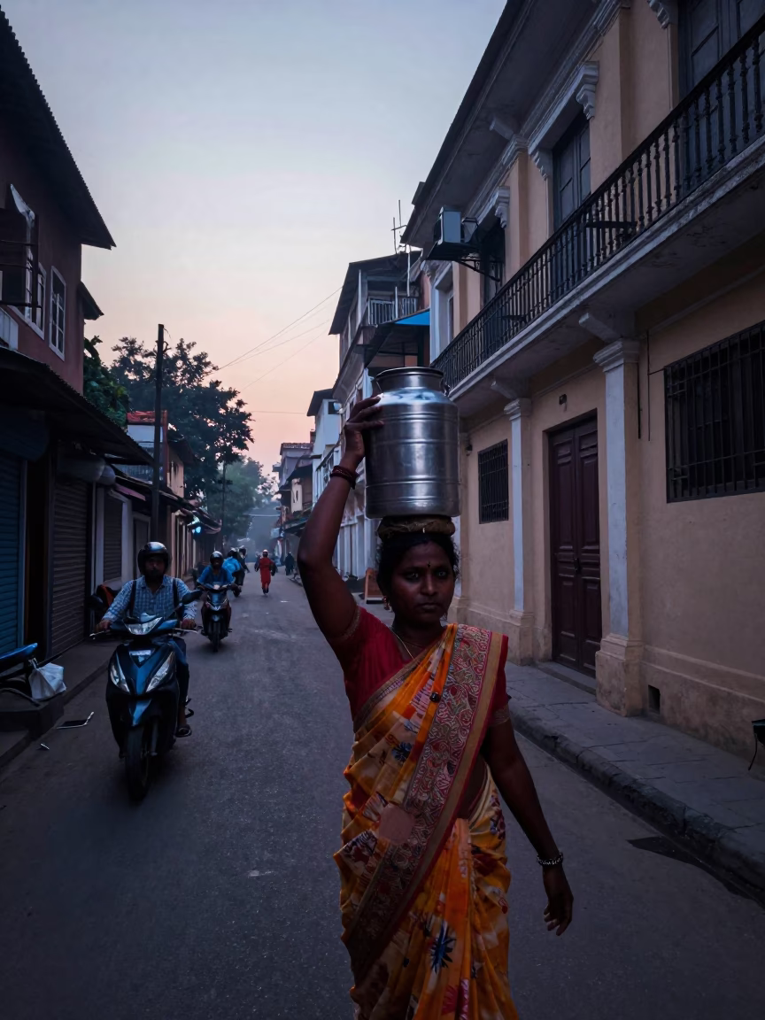 Pre-dawn Kolkata street scene with tea tin and transmission substation in in Kolkata, India