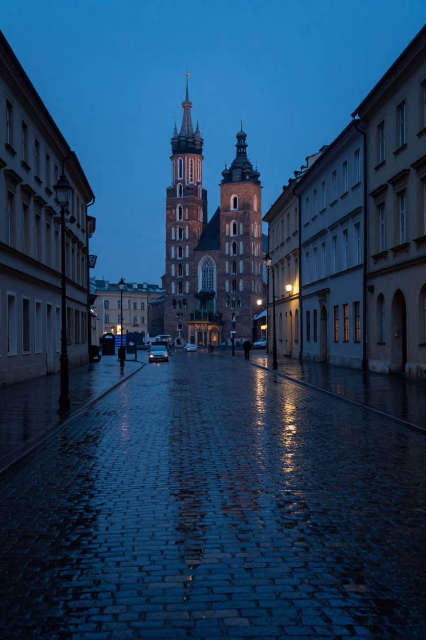 Pre-dawn Krakow cobblestone street with rain puddles and distant church spire in in Krakow, Poland