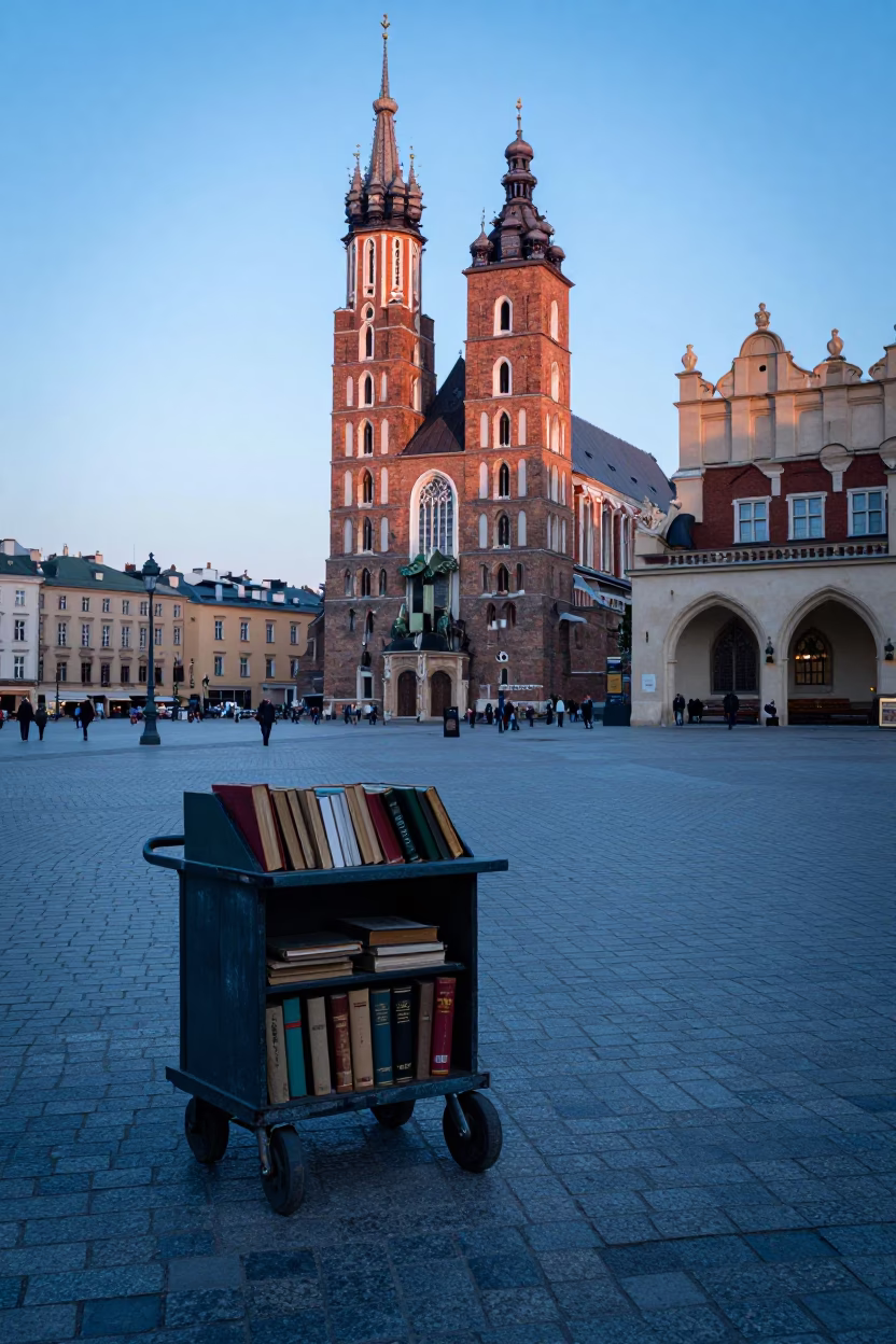 Pre-dawn Krakow Market Square with School Library Cart and Local Life in in Krakow, Poland