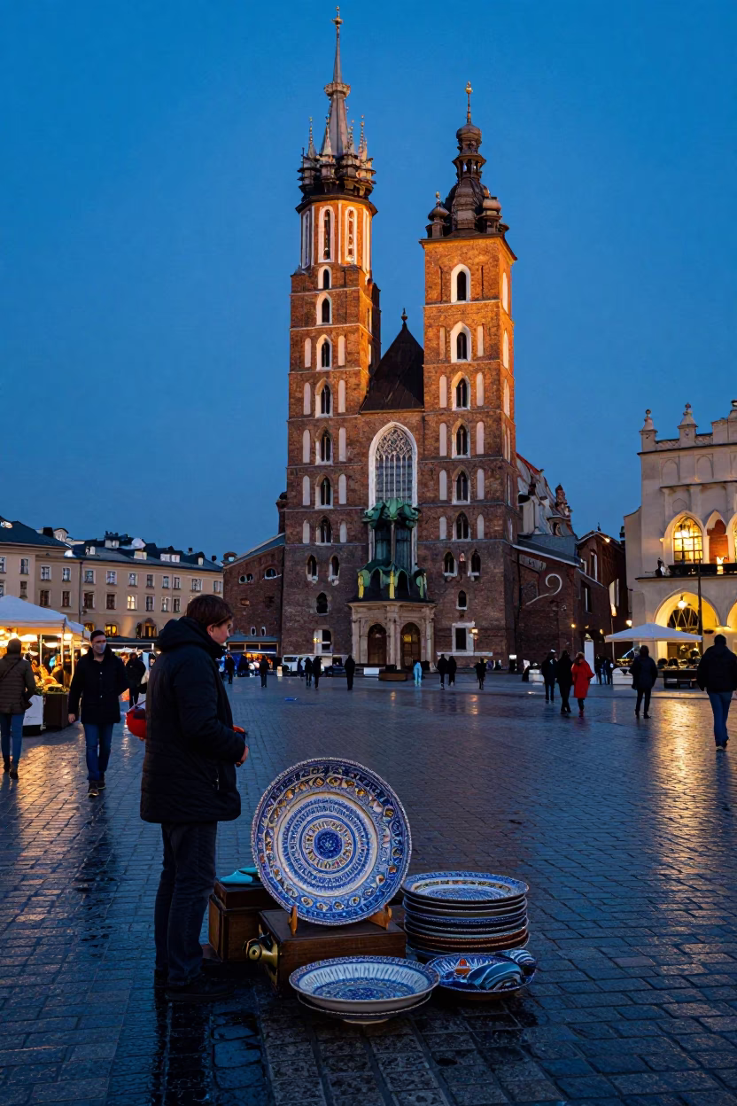 Pre-dawn Krakow Market Square with Vintage Majolica Plate and Steel Bottle Neck in in Krakow, Poland