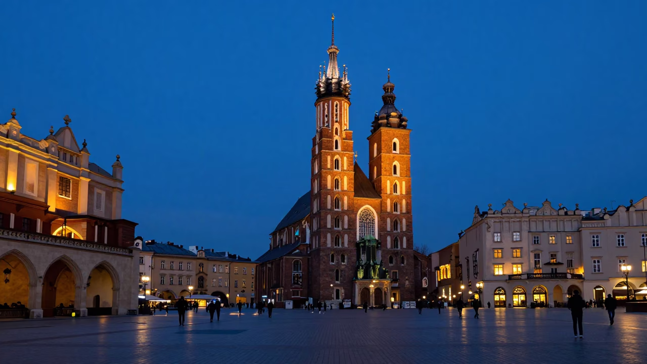 Pre-dawn Krakow Poland Historic Market Square Horizon Shot Before Dawn in in Krakow, Poland