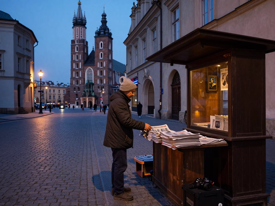 Pre-dawn Krakow Street Corner with Newspaper Vendor and City Lights in in Krakow, Poland