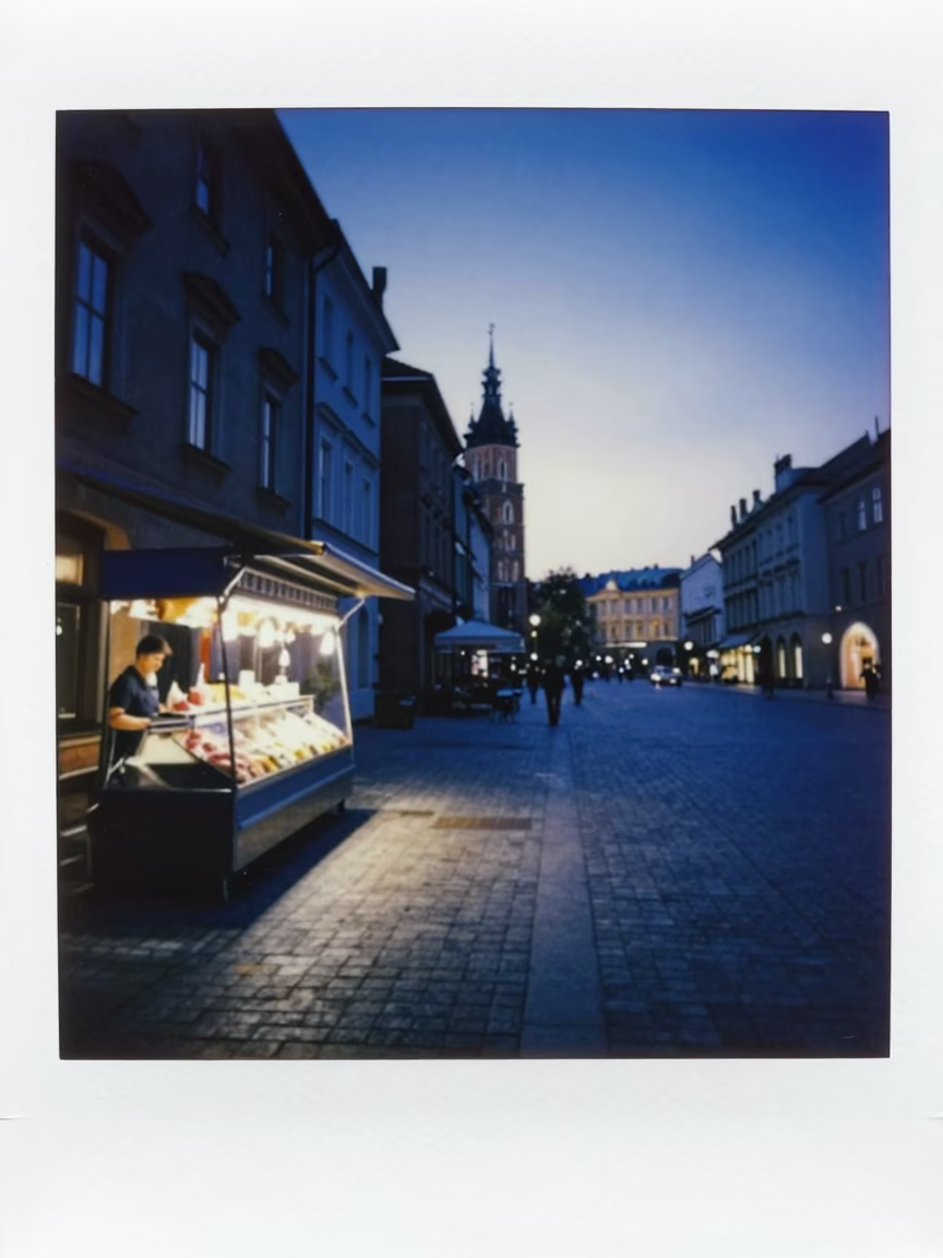 Pre-dawn Krakow street scene with gelato display and quiet city streets in in Krakow, Poland