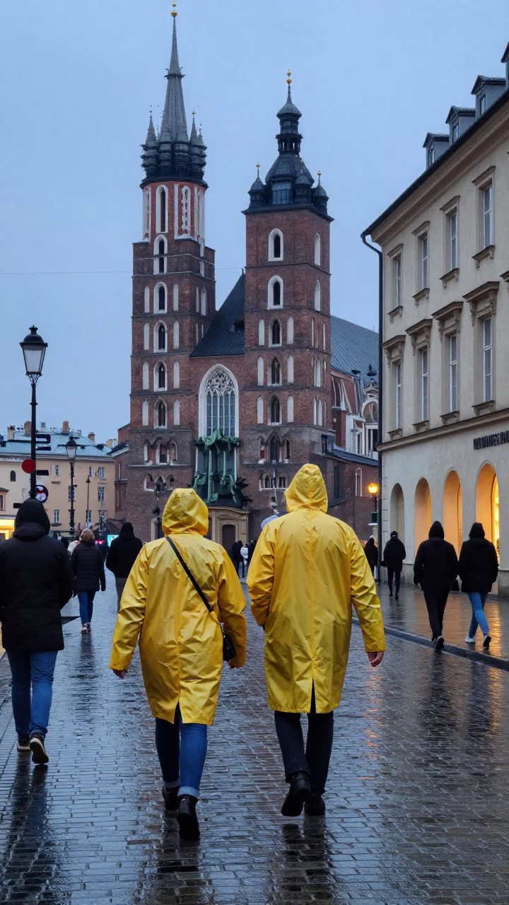 Pre-dawn Krakow street scene with raincoats and urban architecture in in Krakow, Poland