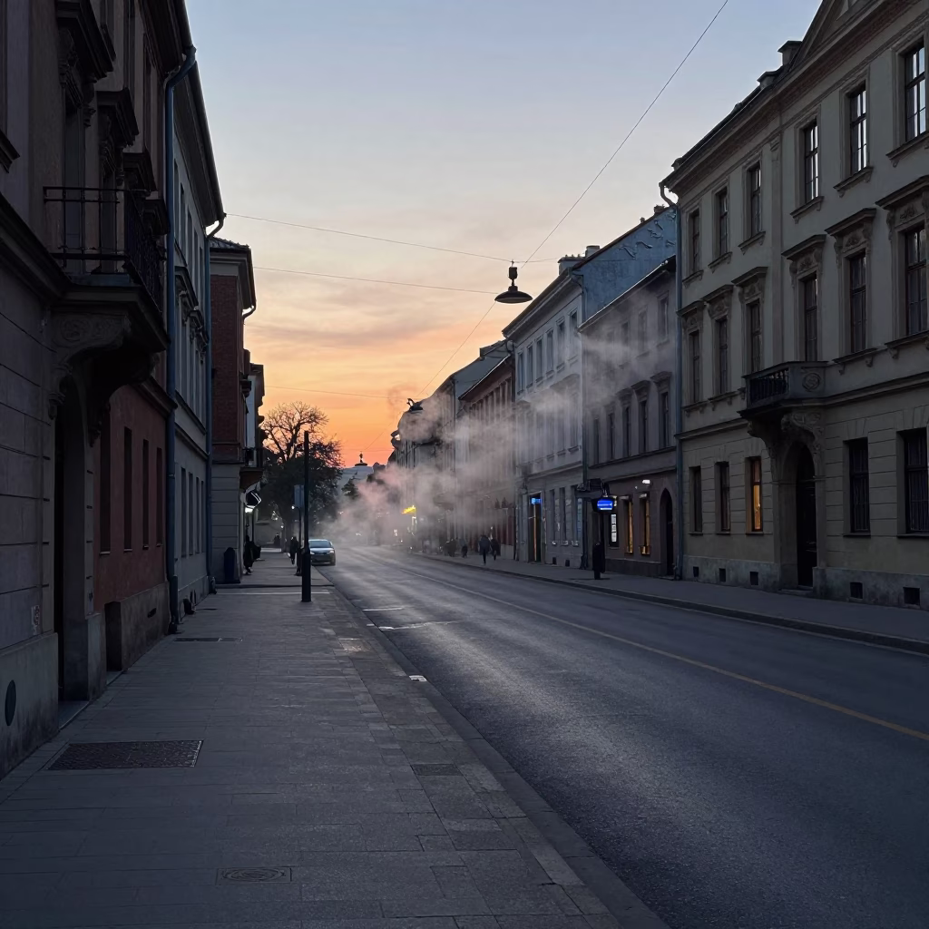 Pre-dawn Krakow Street Scene with Steam and Quiet Urban Atmosphere in in Krakow, Poland