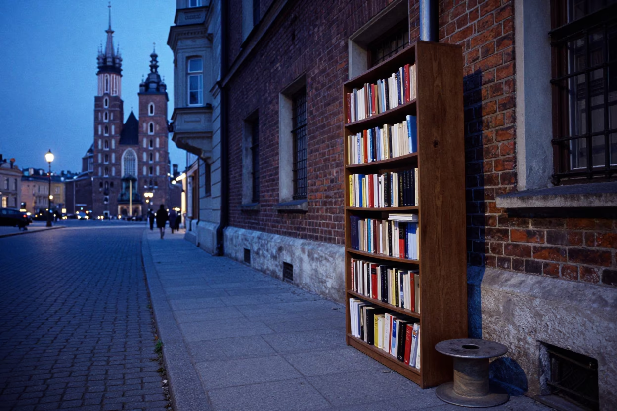 Pre-dawn Krakow street scene with university bookshelf and spool of thread in Poland in in Krakow, Poland