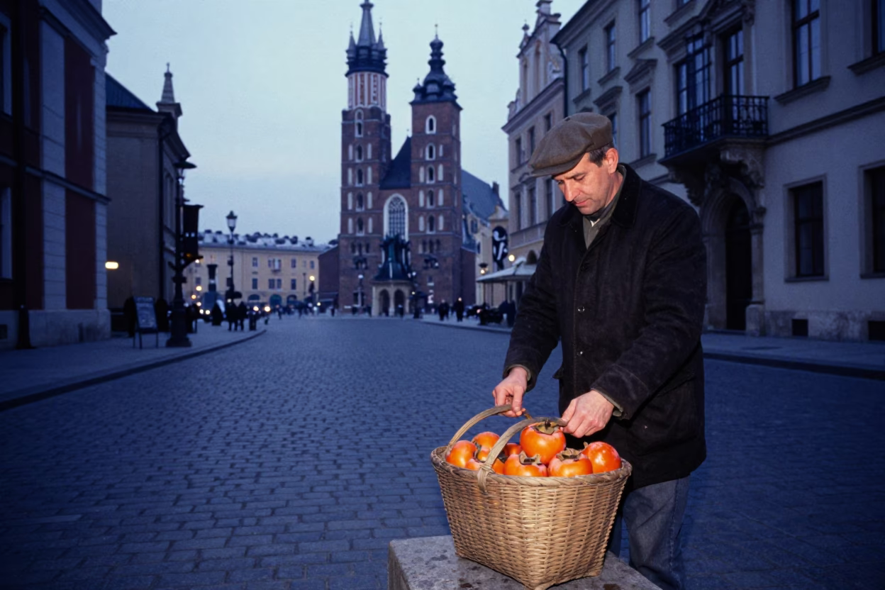 Pre-dawn Krakow Street Scene with Vintage Basket and Morning Light in in Krakow, Poland