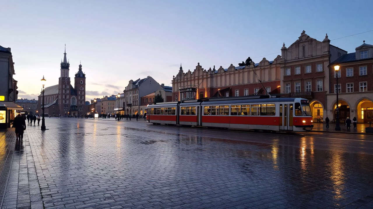 Pre-dawn Krakow Street Scene with Vintage Tram and Wet Cobblestones in in Krakow, Poland