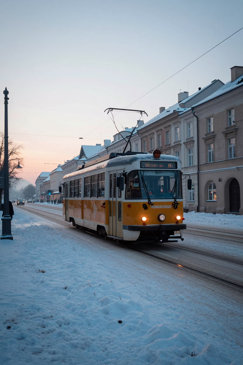 Pre-dawn Krakow Tram on Snowy Avenue with Vintage 1960s Atmosphere in in Krakow, Poland