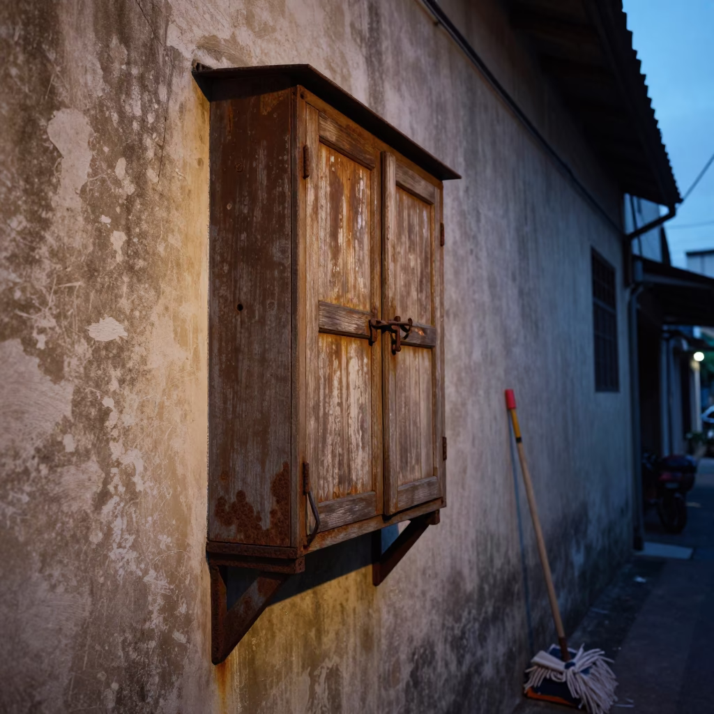 Pre-Dawn Kuala Lumpur Alleyway with Rusty Cabinet Latch and Mops in in Kuala Lumpur, Malaysia