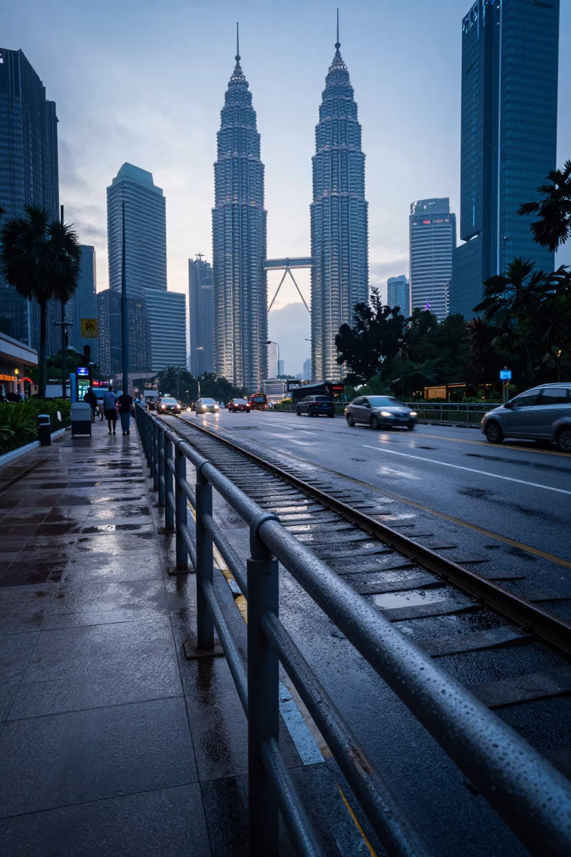 Pre-Dawn Kuala Lumpur Street Scene with Damp Rails and Morning Commute in in Kuala Lumpur, Malaysia