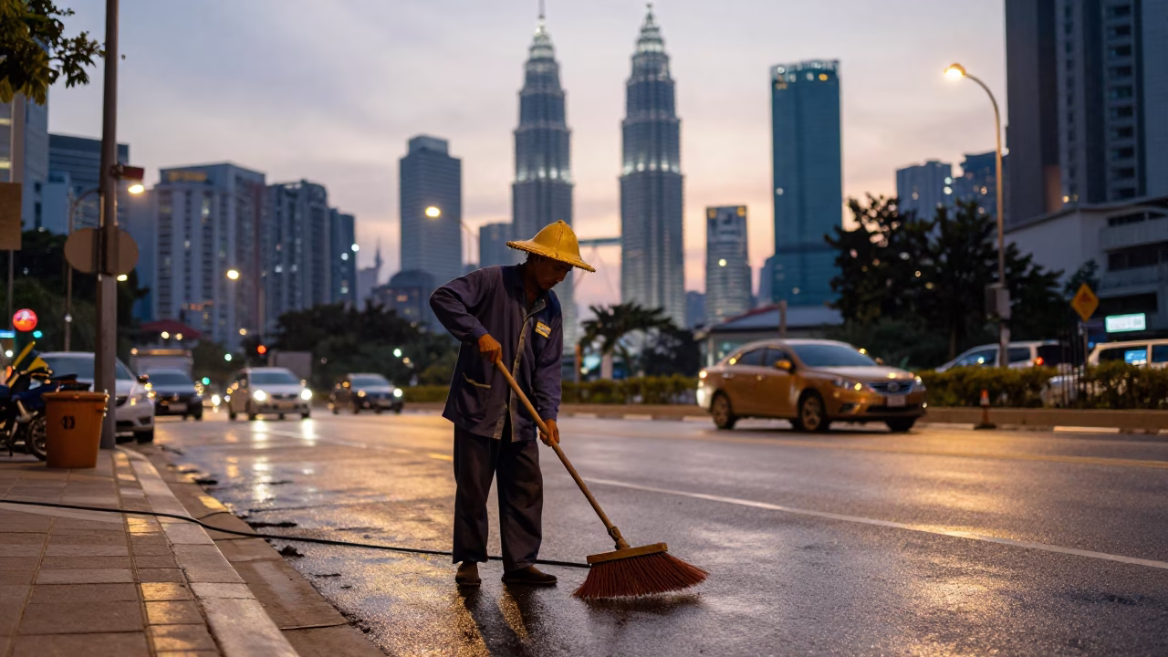 Pre-dawn Kuala Lumpur street scene with dust brush and cable car in in Kuala Lumpur, Malaysia