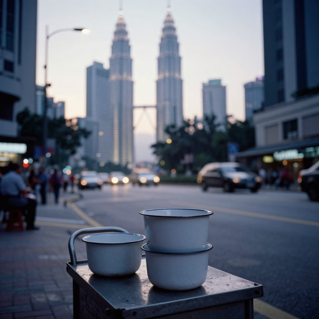 Pre-Dawn Kuala Lumpur Street Scene with Enamel Bowls and Petronas Twin Towers in in Kuala Lumpur, Malaysia
