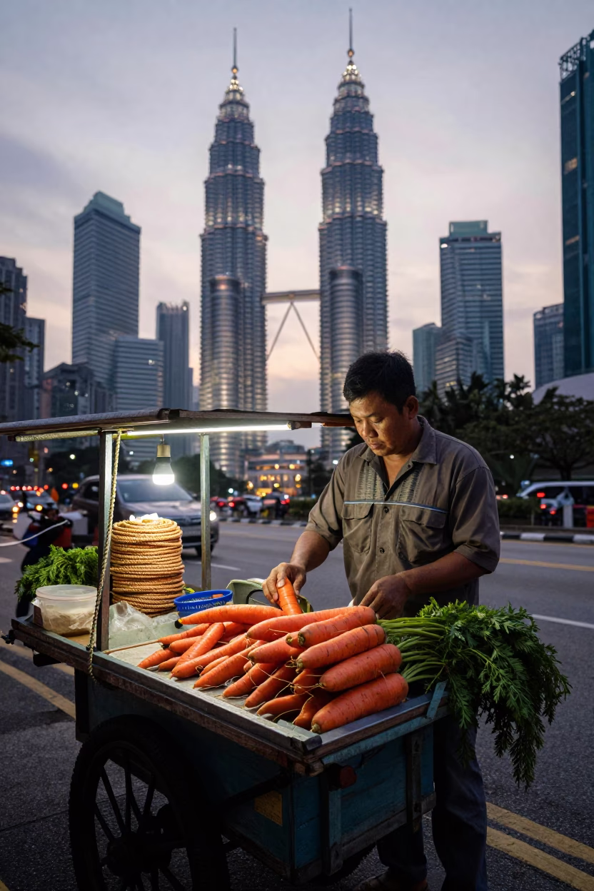 Pre-Dawn Kuala Lumpur Street Vendor with Coiled Rope and Carrots in 1970s Malaysia in in Kuala Lumpur, Malaysia