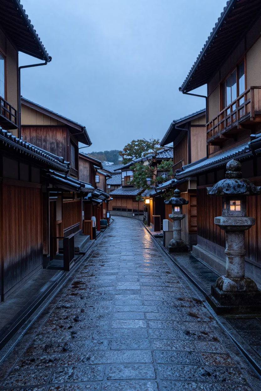 Pre-dawn Kyoto Alleyway with Stone Lanterns and Traditional Architecture in in Kyoto, Japan