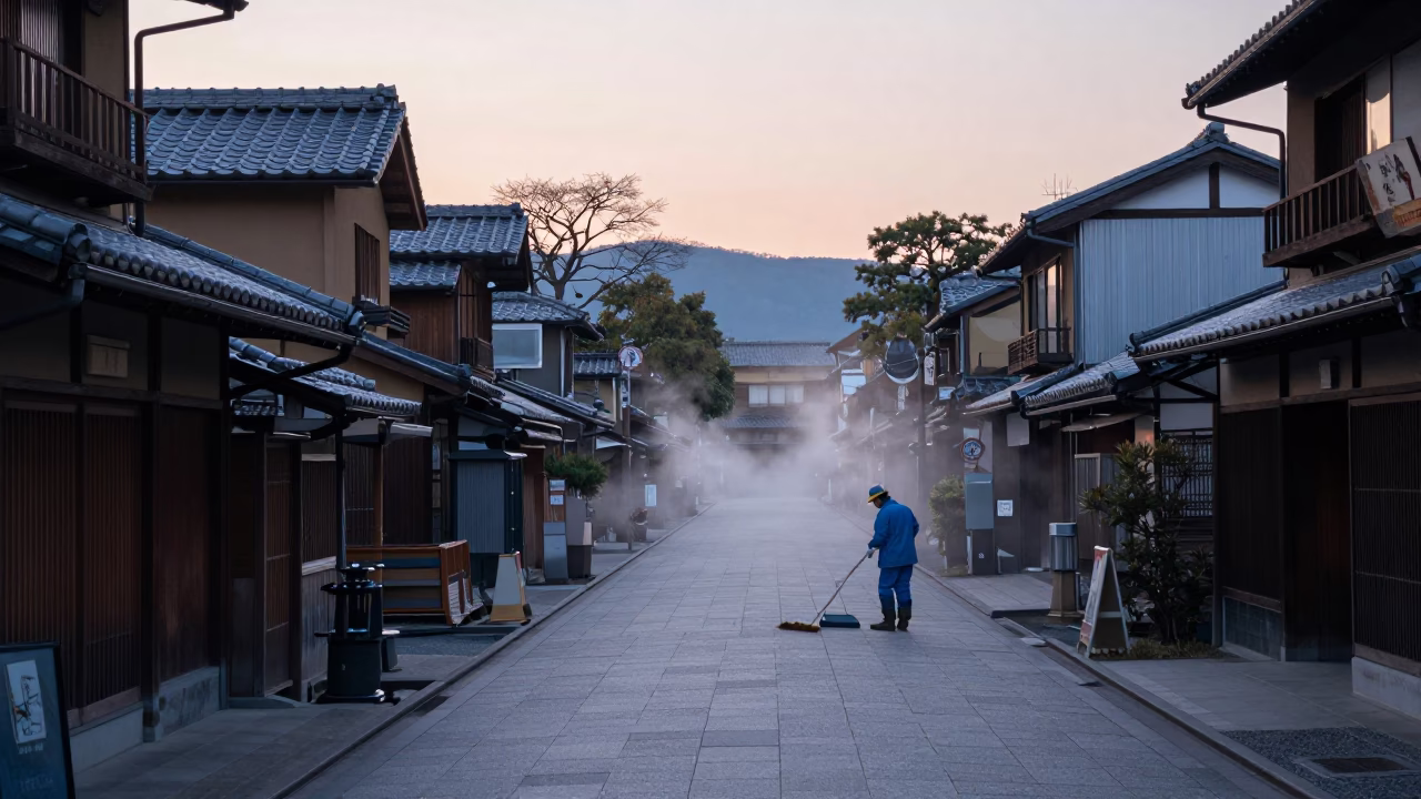 Pre-dawn Kyoto Street Scene with Cleaning Tools and Misty Urban Horizon in in Kyoto, Japan
